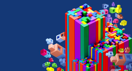 Poster - Kids abstract texture. Isometric blocks. Geometric kids blocks. Multicolored texture from constructor. Pattern with colorful shapes. Kids design. Colored childrens puzzle constructor. 3d rendering.