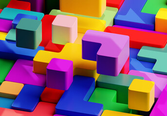Poster - Children colorful wallpaper. Three-dimensional Tetris with rainbow elements. Blocks from video game Tetris. Tetris visualization. Wallpaper with cubic constructor. Colorful background. 3d rendering.