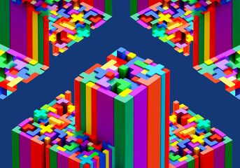 Poster - Colored blocks. Background from childrens building blocks. Childrens isometric puzzle. Color constructor background. Isometric wallpaper from childrens elements. Pixel bricks form columns. 3d image.