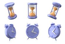 3d Rendering Of Clock And Hourglass Icon, Fit For Design Assets Of Business Or Finance, Purple Icon, 3d Icons Set, Transparant Background
