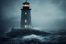 Haunted Lighthouse At Halloween In Stormy Seas Digital Concept Illustration, Created With Generative Ai