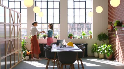 Aufkleber - Business handshake, welcome employee and women meeting in modern work office, communication about creative deal and partnership on contract. Manager and client with success after collaboration