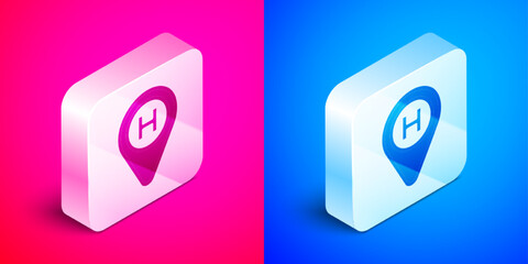 Sticker - Isometric Helicopter landing pad icon isolated on pink and blue background. Helipad, area, platform, H letter. Silver square button. Vector