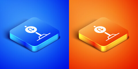 Poster - Isometric Turn back road icon isolated on blue and orange background. Traffic rules and safe driving. Square button. Vector