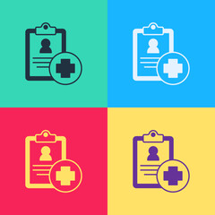 Poster - Pop art Medical clipboard with clinical record icon isolated on color background. Prescription, medical check marks report. Vector