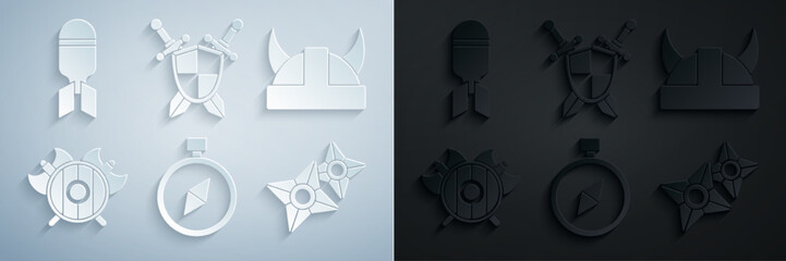 Wall Mural - Set Compass, Viking in horned helmet, Medieval shield with crossed axes, Japanese ninja shuriken, swords and Aviation bomb icon. Vector