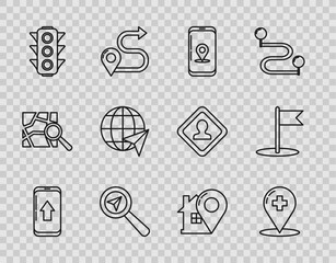 Canvas Print - Set line Infographic of city map navigation, Medical pointer with cross hospital, Search location, Traffic light, Location the globe, Map house and Flag icon. Vector