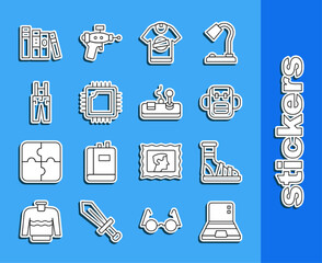 Sticker - Set line Laptop, Slippers with socks, School backpack, T-shirt, Processor CPU, Pants suspenders, Book and Gamepad icon. Vector