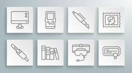 Sticker - Set line Audio jack, Tetris, Book, Virtual reality glasses, Certificate template, Fountain pen nib, Postal stamp and Computer monitor screen icon. Vector