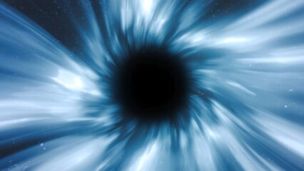 Poster - Black background with a portal. Motion. A bright portal with blue and white light, located as if in space and from which bright pieces of light scatter in 3D format.