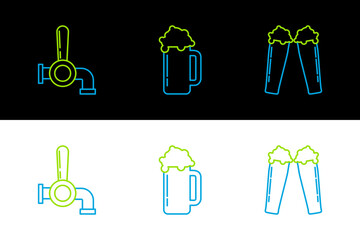 Sticker - Set line Glass of beer, Beer tap and icon. Vector