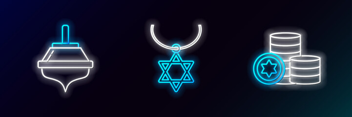 Sticker - Set line Jewish coin, Hanukkah dreidel and Star of David necklace on chain icon. Glowing neon. Vector