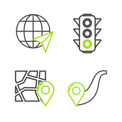 Poster - Set line Route location, Folded map with marker, Traffic light and Location the globe icon. Vector