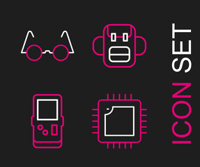 Poster - Set line Processor with CPU, Tetris, School backpack and Eyeglasses icon. Vector