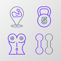 Poster - Set line Dumbbell, Women waist, Weight and Bodybuilder muscle icon. Vector