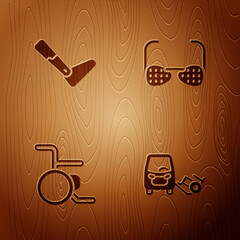 Set Disabled car, Prosthesis leg, Wheelchair and Blind glasses on wooden background. Vector