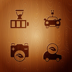 Sticker - Set Eco car, Battery charge, nature leaf battery and Electric on wooden background. Vector