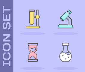 Poster - Set Test tube, flask on stand, Old hourglass and Microscope icon. Vector