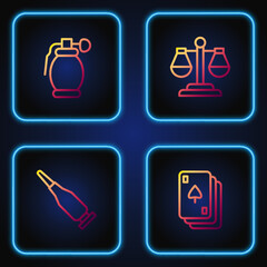 Poster - Set line Playing cards, Bullet, Hand grenade and Scales of justice. Gradient color icons. Vector