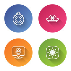 Sticker - Set line Lifebuoy, Pirate hat, Skull and Wind rose. Color circle button. Vector