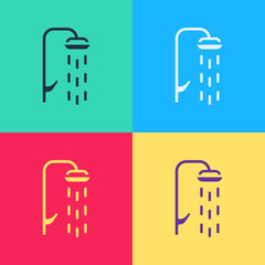 Poster - Pop art Shower head with water drops flowing icon isolated on color background. Vector