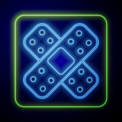 Poster - Glowing neon Crossed bandage plaster icon isolated on blue background. Medical plaster, adhesive bandage, flexible fabric bandage. Vector