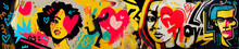 Fresco Of Portrait On Wall Graffiti Street Art. Grunge Graffiti Colorful And Love.