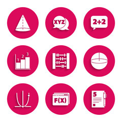 Poster - Set Abacus, Function mathematical symbol, Test or exam sheet and pen, Geometric figure Sphere, Graph, schedule, chart, diagram, Equation solution and Cone icon. Vector