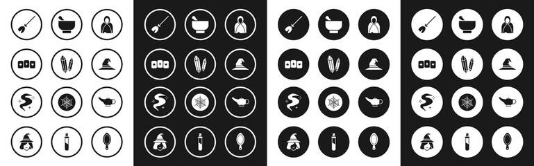 Poster - Set Mantle, cloak, cape, Magic stone, Playing cards, Witches broom, hat, mortar and pestle, lamp Aladdin and fog smoke icon. Vector