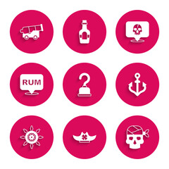 Sticker - Set Pirate hook, hat, captain, Anchor, Ship steering wheel, Alcohol drink Rum, Skull and Cannon icon. Vector