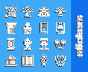 Sticker - Set line User protection, Handcuffs, Identification badge, Money bag, Stage stand or debate podium rostrum, Law pillar, Fingerprint and Holy bible book icon. Vector