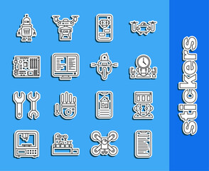 Canvas Print - Set line Computer api interface, Robot, and digital time manager, Bot, monitor screen, Electronic computer components motherboard chip, and icon. Vector