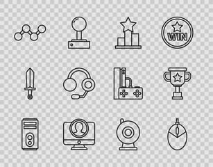 Sticker - Set line Computer, mouse gaming, Star, Create account screen, Share, Headphones, Web camera and Award cup icon. Vector