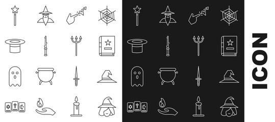 Wall Mural - Set line Witch, hat, Ancient magic book, Spell, Magic wand, Magician, and Neptune Trident icon. Vector