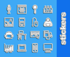 Poster - Set line Computer monitor screen, Electronic book with mouse, Student, Magnifying glass, Laptop, Online education, Microphone and icon. Vector