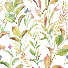 Square Seamless Pattern With Watercolor Realistic Gold Coloured Leaves And Mushrooms. Hand Painted Plants On A White Background. Template For Backdrop And Wrapping Paper