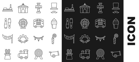 Canvas Print - Set line Cannon, Birthday party horn, Ice cream, Attraction carousel, Ferris wheel, Bowling pin, Bumper and Circus wagon icon. Vector