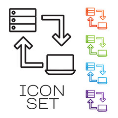 Poster - Black line Online working icon isolated on white background. Freelancer man working on laptop at his house. Remote work. Distant job concept. Set icons colorful. Vector