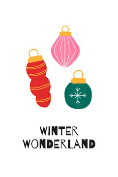 New Year card with tree balls and Christmas quote. In hand drawn style. For postcards, invitations, posters, posters.