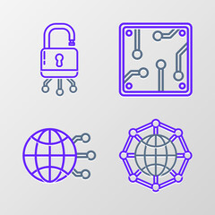 Sticker - Set line Global technology or social network, Processor and Lock on digital circuit board icon. Vector