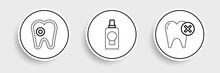 Set Line Tooth With Caries, And Mouthwash Plastic Bottle Icon. Vector