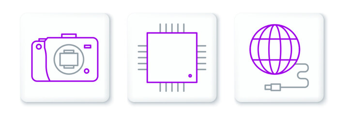 Sticker - Set line Social network, Mirrorless camera and Processor with microcircuits CPU icon. Vector