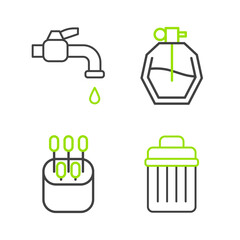 Sticker - Set line Trash can, Cotton swab for ears, Perfume and Water tap icon. Vector