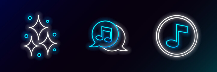 Canvas Print - Set line Music note, tone, Firework and Musical in speech bubble icon. Glowing neon. Vector