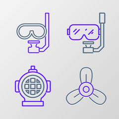 Sticker - Set line Boat propeller, turbine, Aqualung, Diving mask and snorkel and icon. Vector