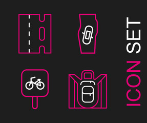 Sticker - Set line Hiking backpack, Bicycle parking, Plaster on leg and lane icon. Vector