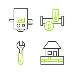 Canvas Print - Set line Water supply pipes, Wrench spanner, Industry metallic and Gas boiler icon. Vector