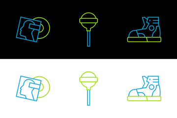 Sticker - Set line Sport sneakers, Vinyl disk and Lollipop icon. Vector