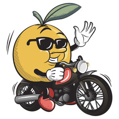 vector illustration of vintage cartoon character of orange fruit riding a big motorbike