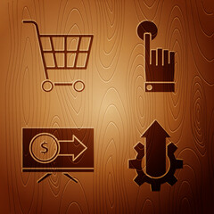 Sticker - Set Arrow growth gear business, Shopping cart, Monitor with dollar and Hand touch and tap gesture on wooden background. Vector